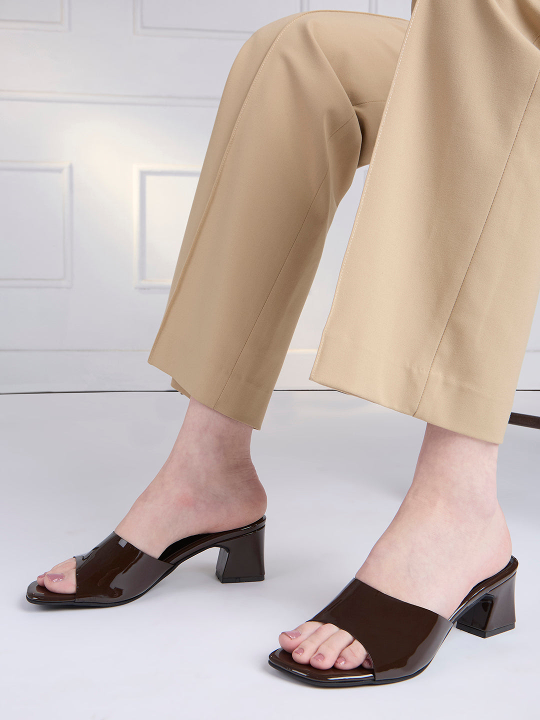 Womens Coffee Brown Party Wear Solid Square Toe Block Heel Sandals