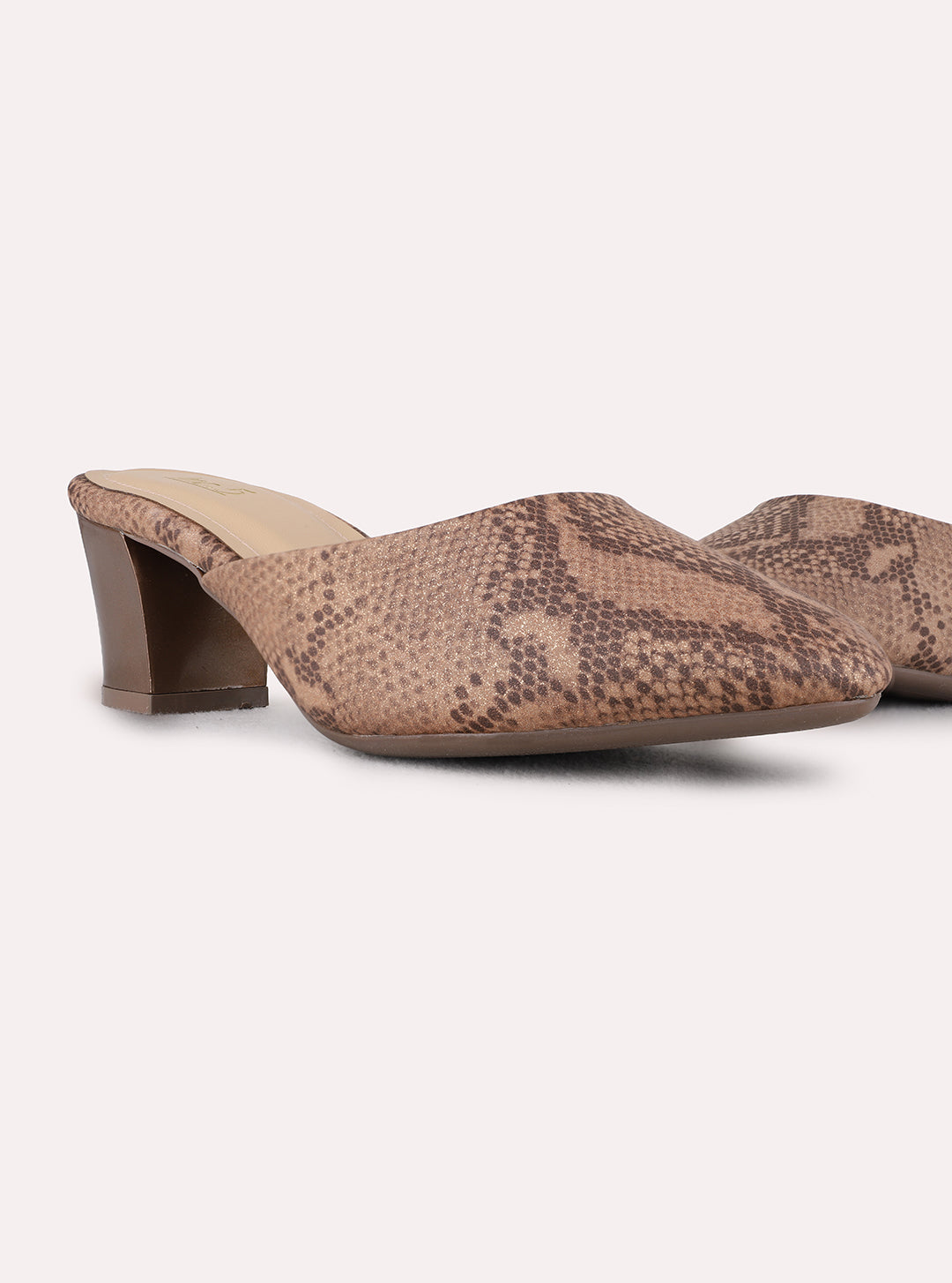 Womens Brown Party Wear Printed Narrow Toe Block Heel Mules