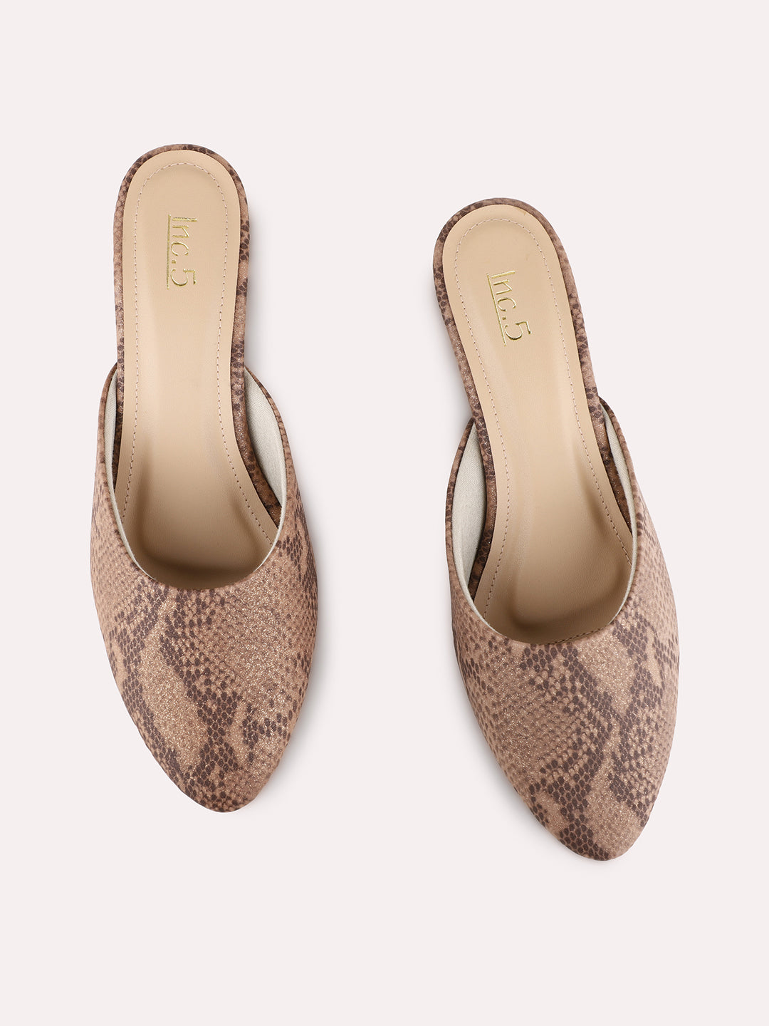 Womens Brown Party Wear Printed Narrow Toe Block Heel Mules