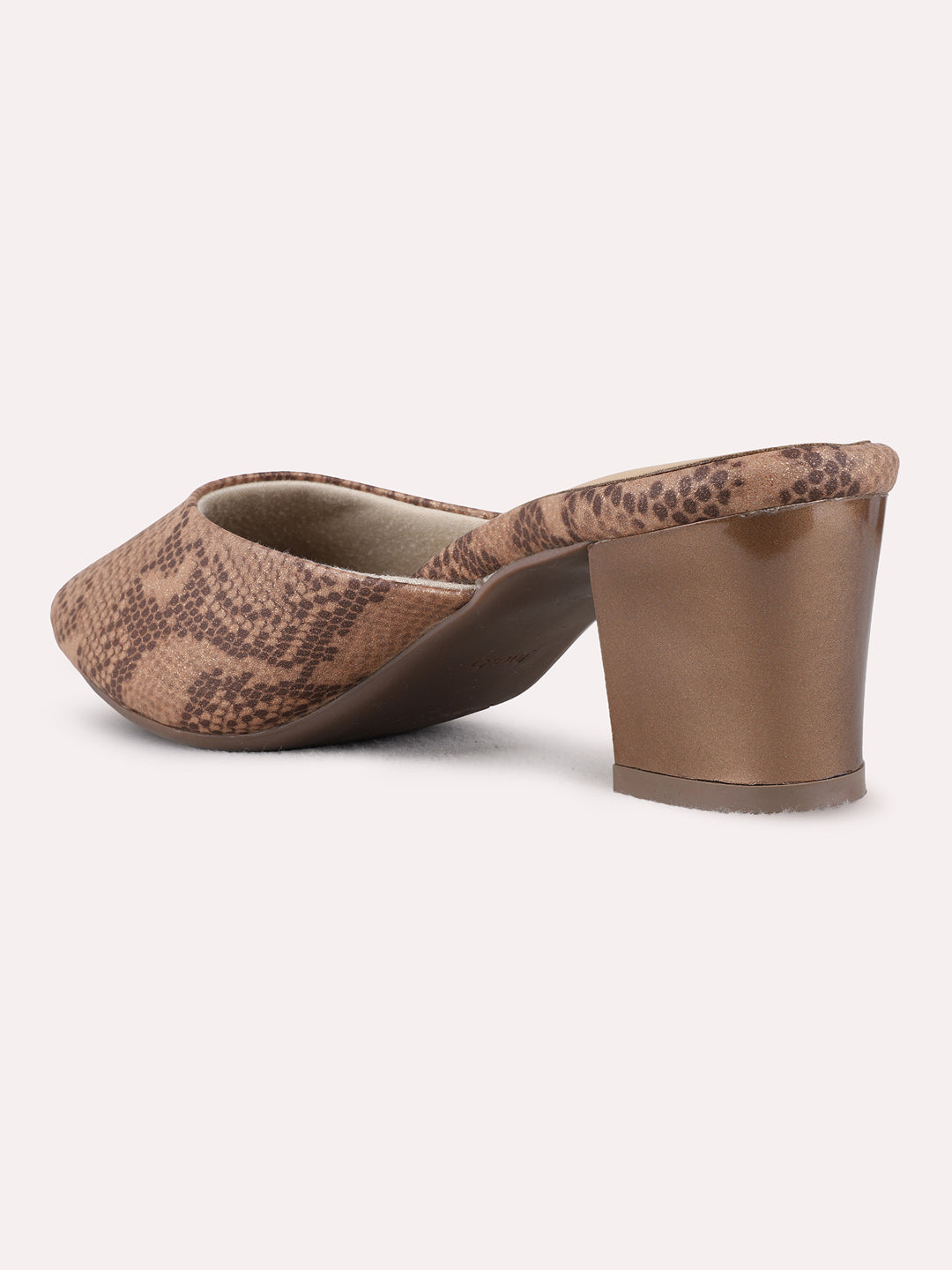 Womens Brown Party Wear Printed Narrow Toe Block Heel Mules