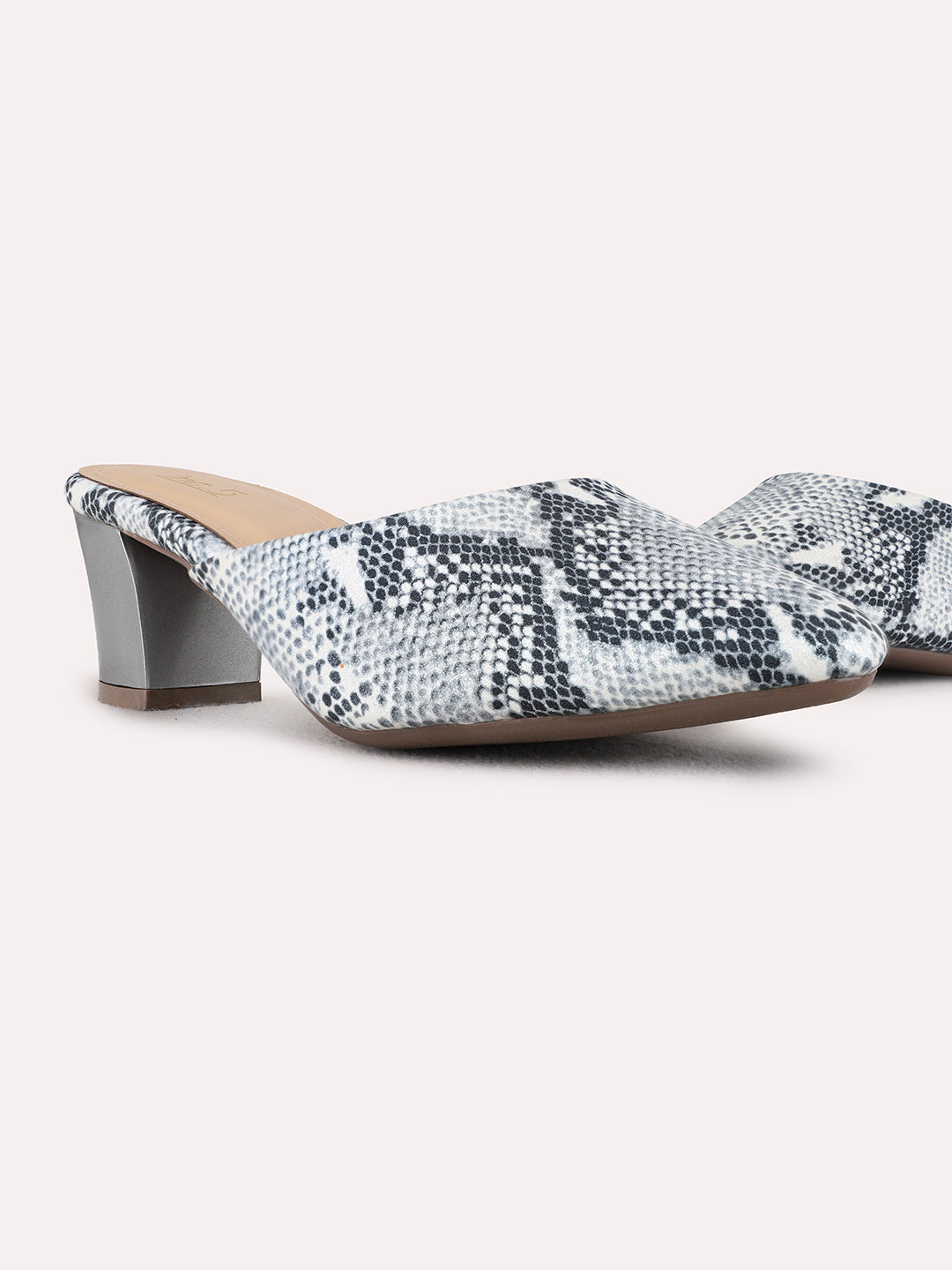 Womens Grey Party Wear Printed Narrow Toe Block Heel Mules