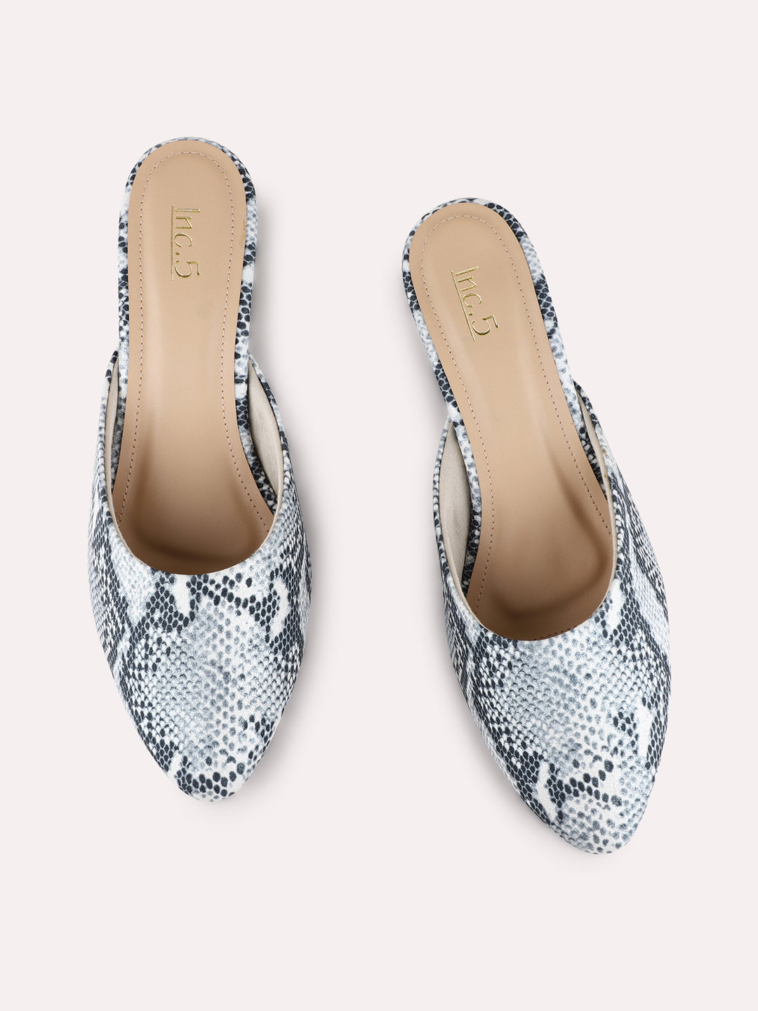 Womens Grey Party Wear Printed Narrow Toe Block Heel Mules