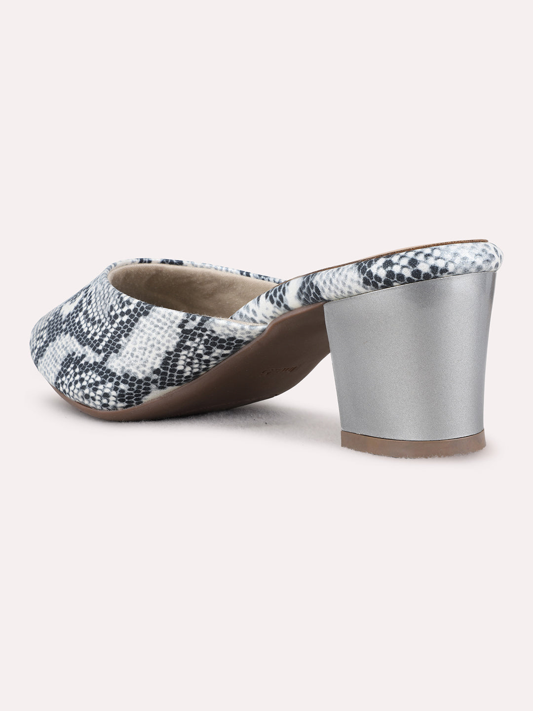 Womens Grey Party Wear Printed Narrow Toe Block Heel Mules