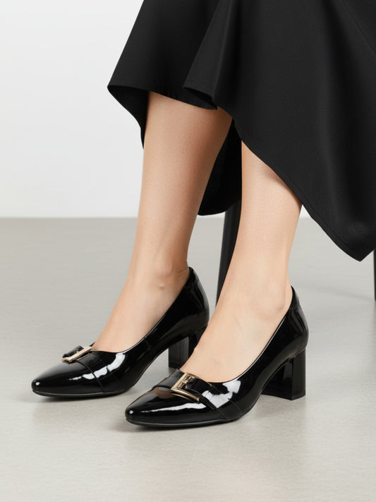 Womens Black Party Wear Solid Pointed Toe Block heels Pumps