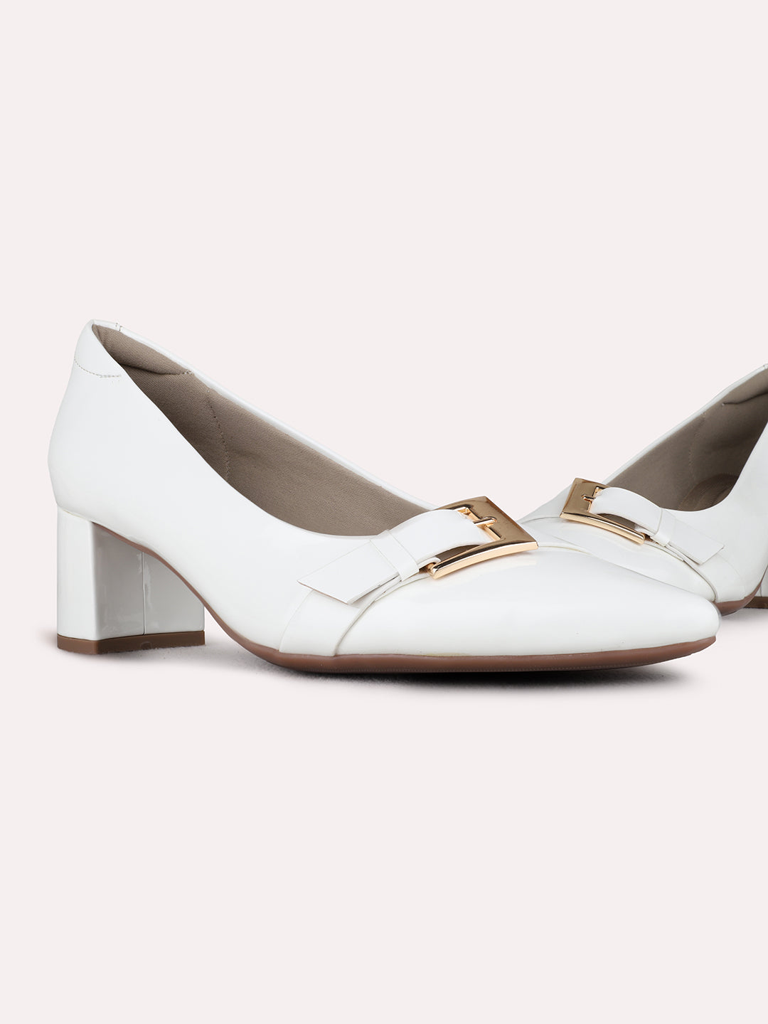 Womens White Party Wear Solid Pointed Toe Block heels Pumps
