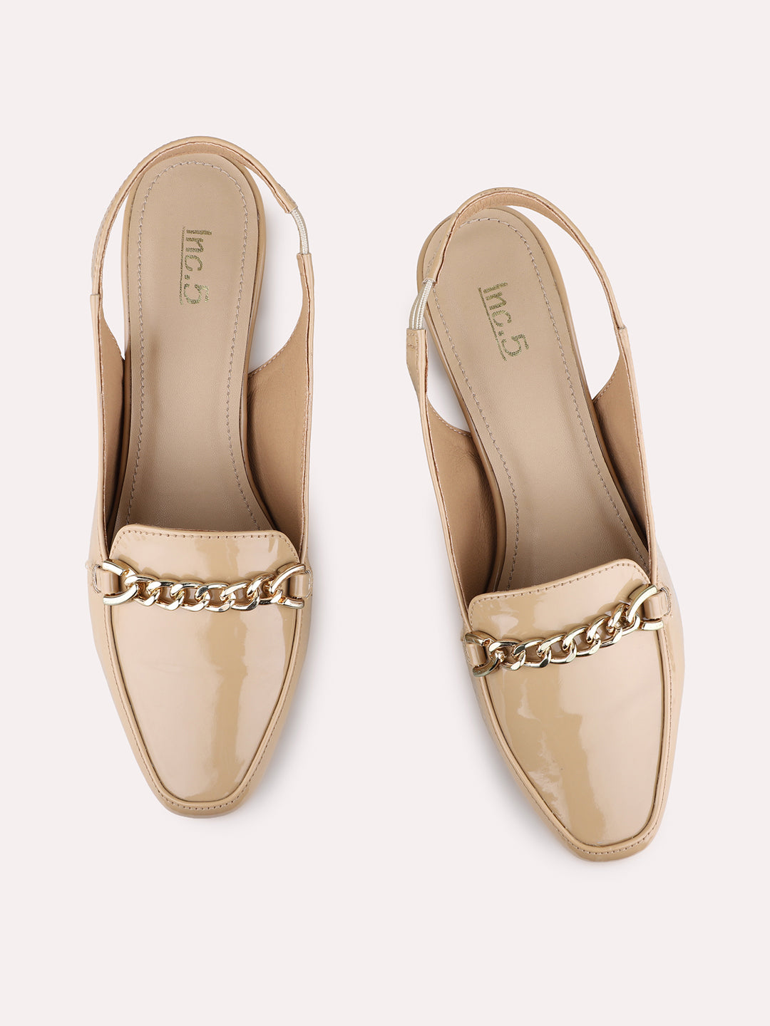 Womens Beige Party Wear Solid Narrow Toe Block Heel Mules