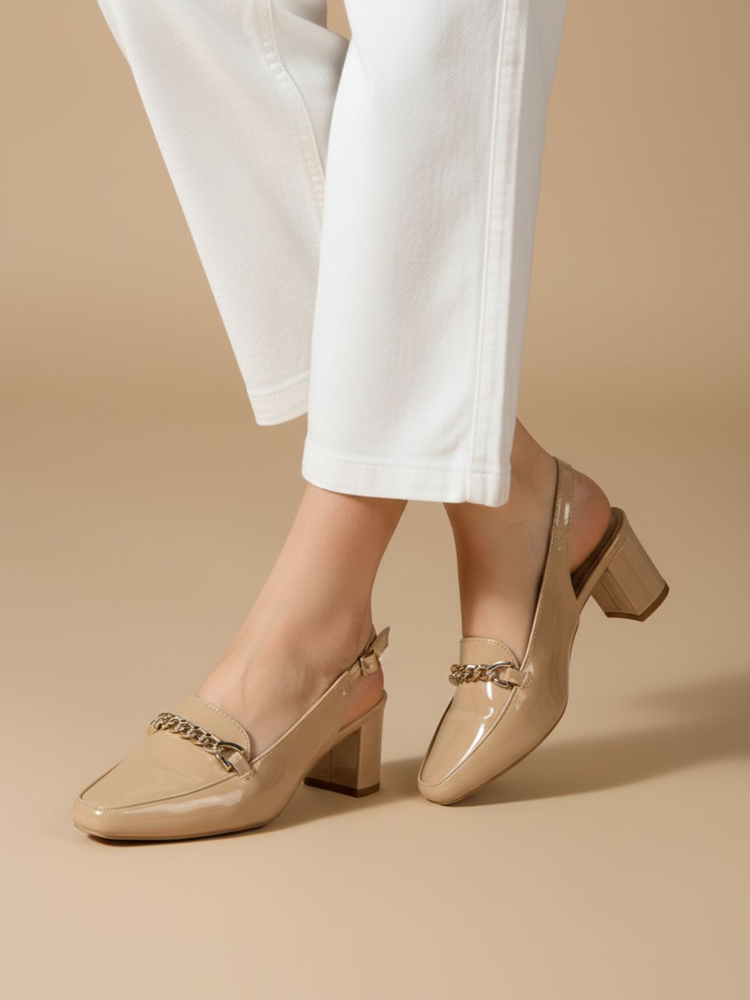Womens Beige Party Wear Solid Narrow Toe Block Heel Mules