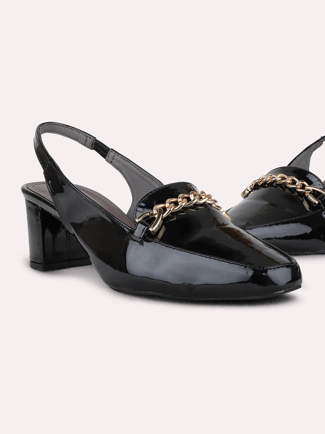 Womens Black Party Wear Solid Round Toe Block Heel Mules