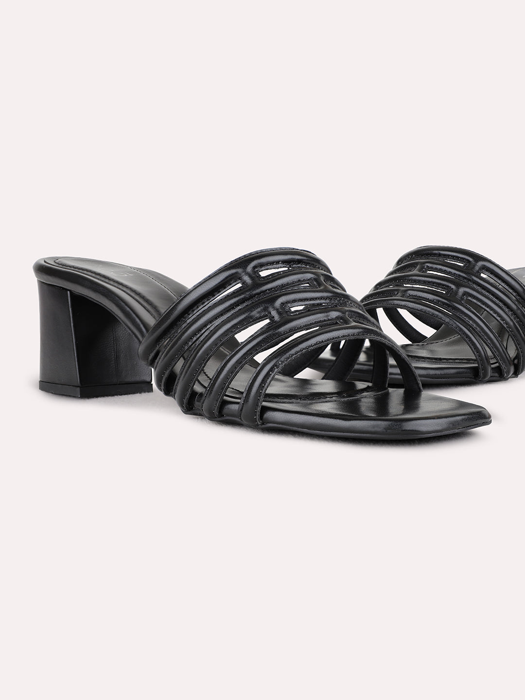 Womens Black Party Wear Solid Square Toe Block Heel Sandals