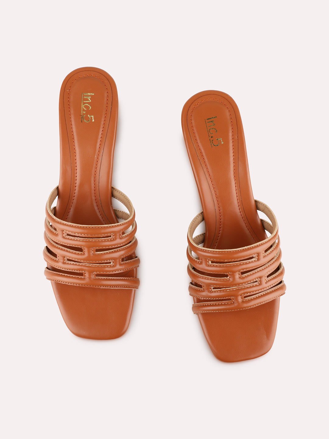 Womens Tan Party Wear Solid Square Toe Block Heel Sandals