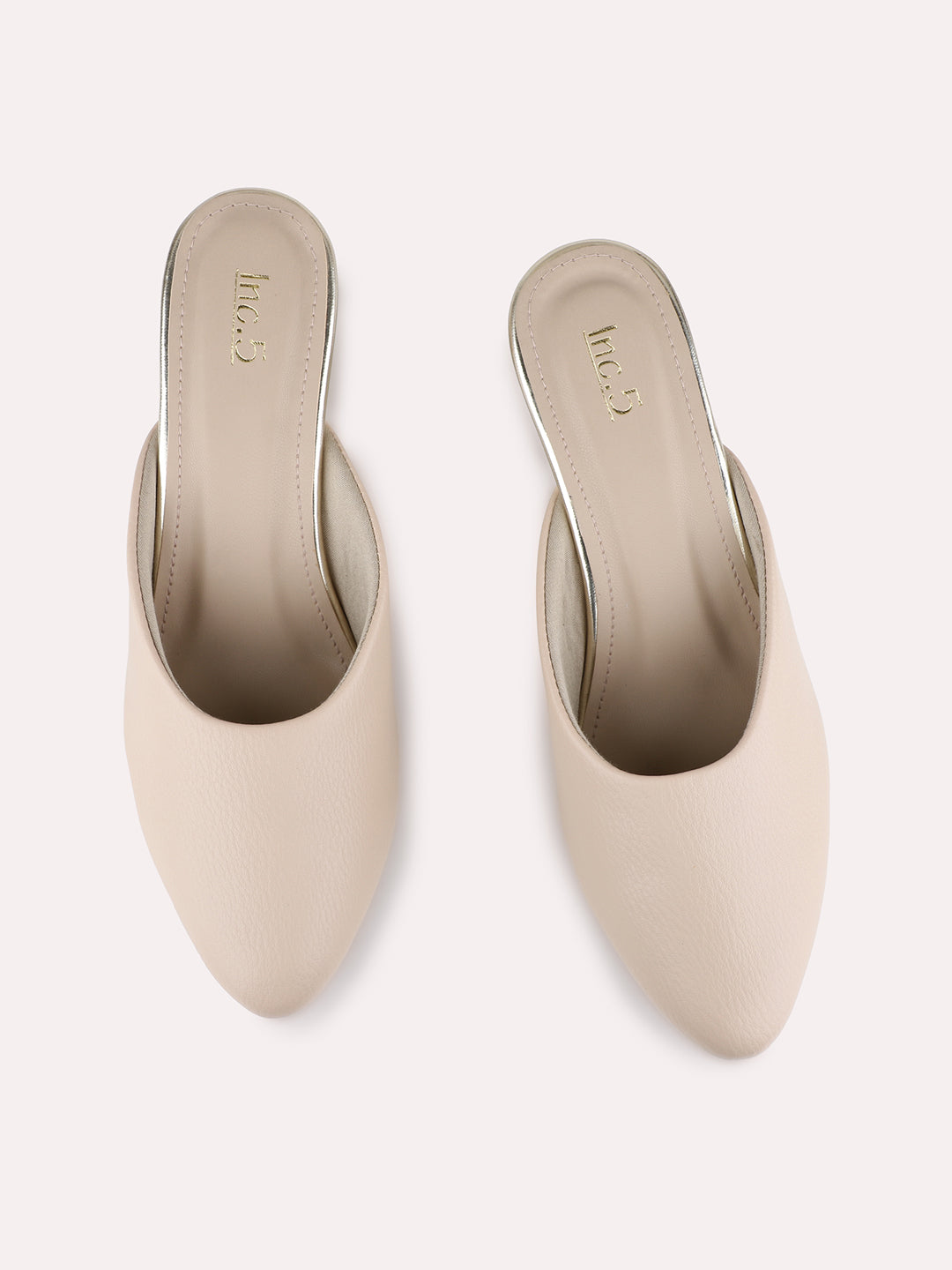 Womens Beige Party Wear Solid Pointed Toe Block Heel Mules