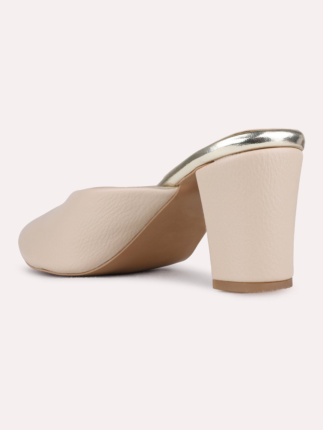 Womens Beige Party Wear Solid Pointed Toe Block Heel Mules