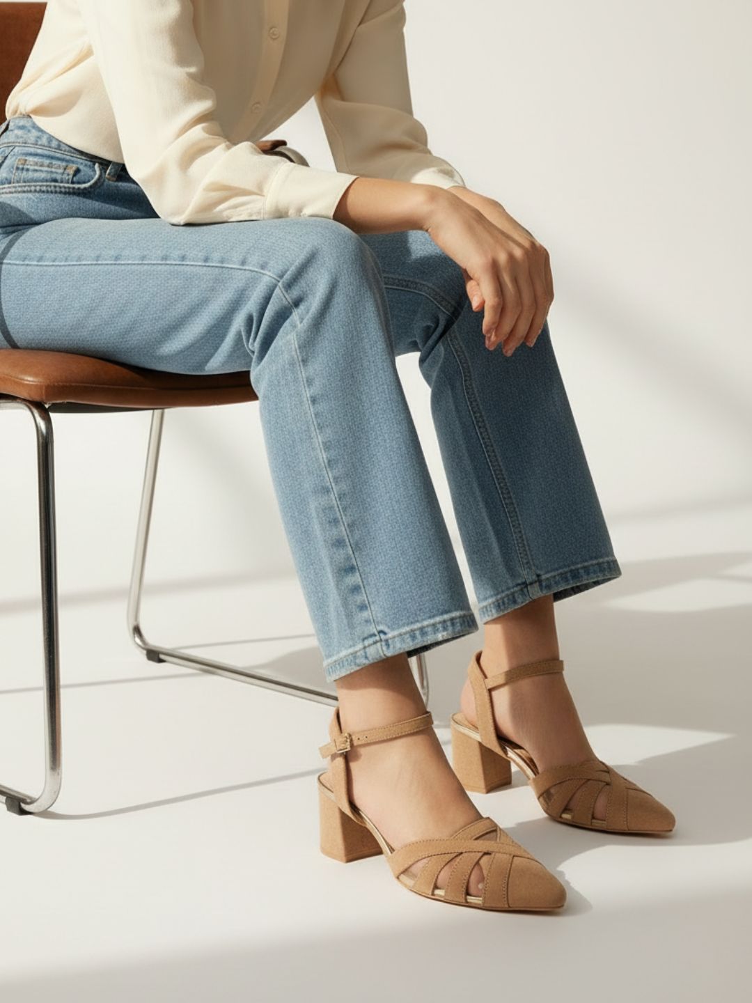 Womens Beige Casual Solid Pattern Pointed Block Heels