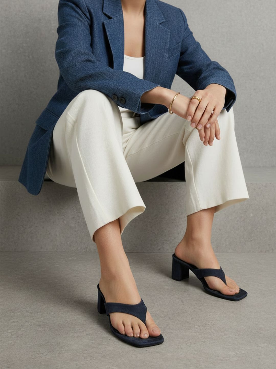 Womens Navy Casual Solid Round Toe Block Heels