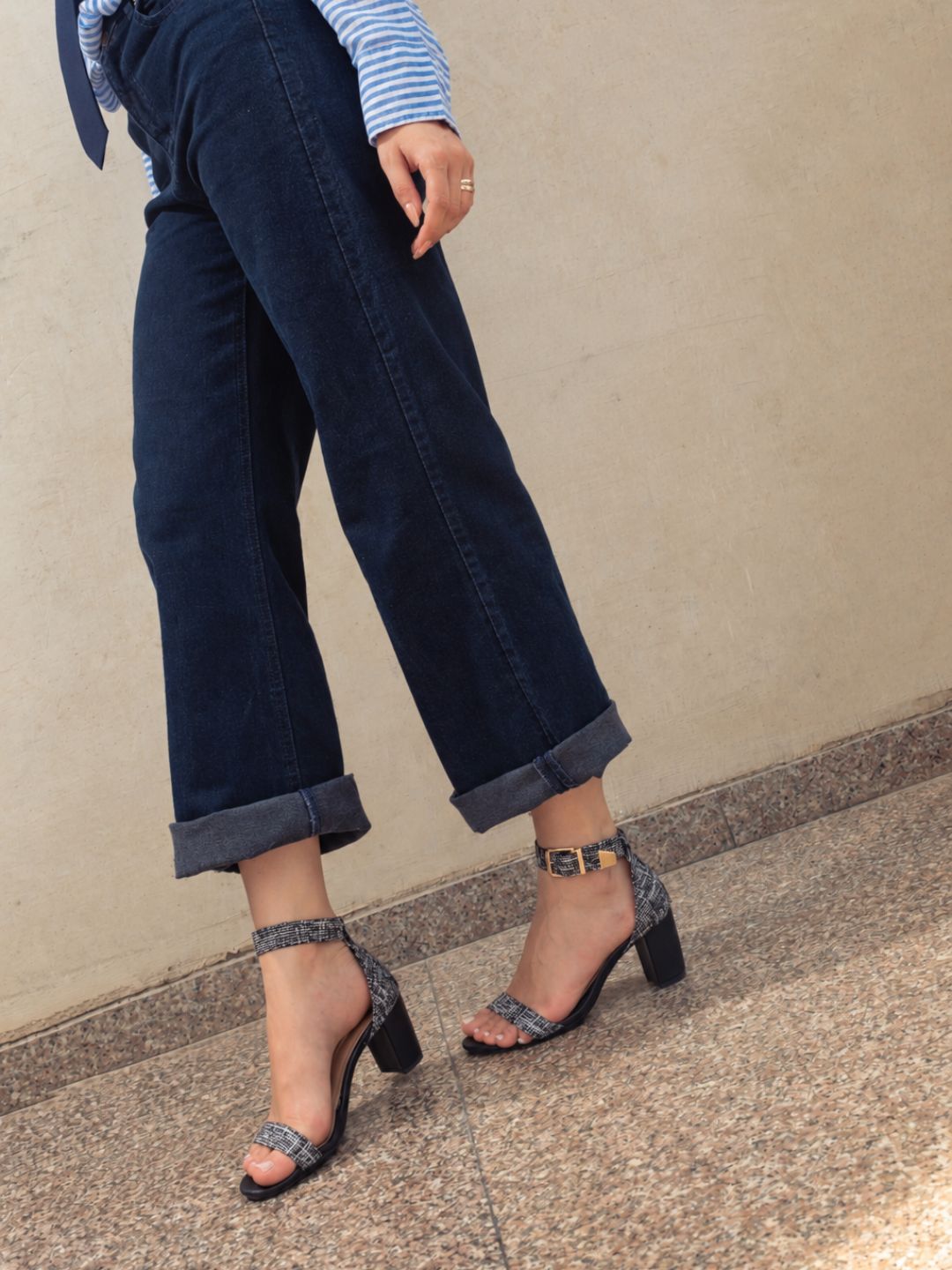 Womens Black Party Wear Printed Round Toe Block Heels