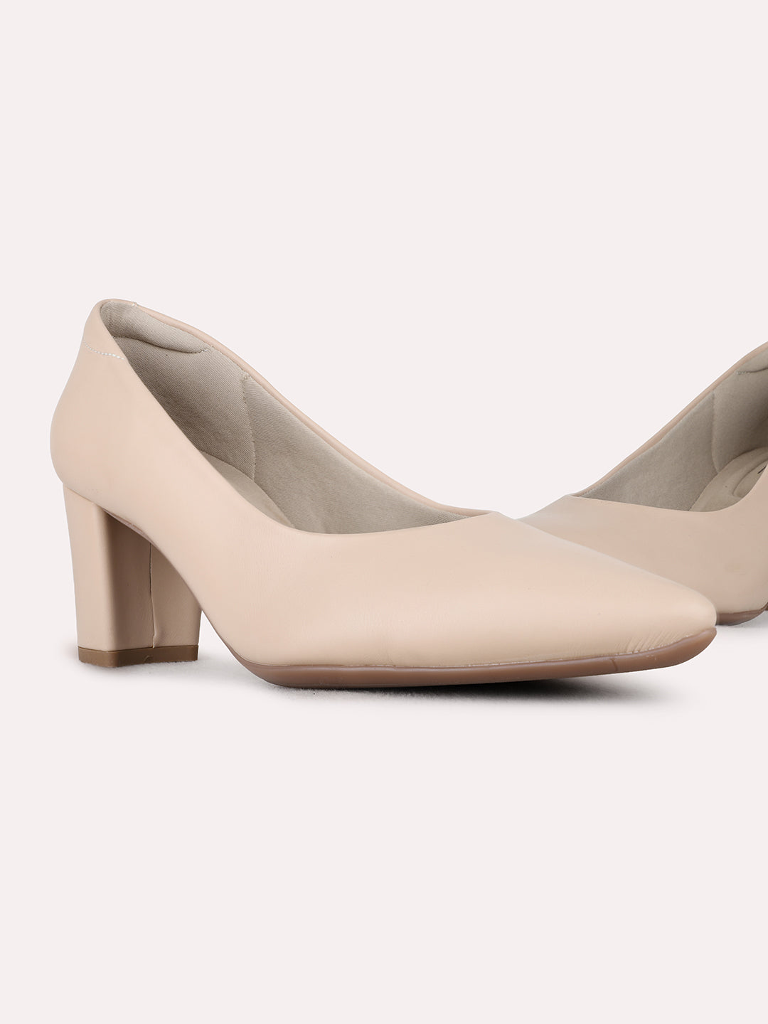 Womens Beige Party Wear Solid Pattern Block Heel Pumps