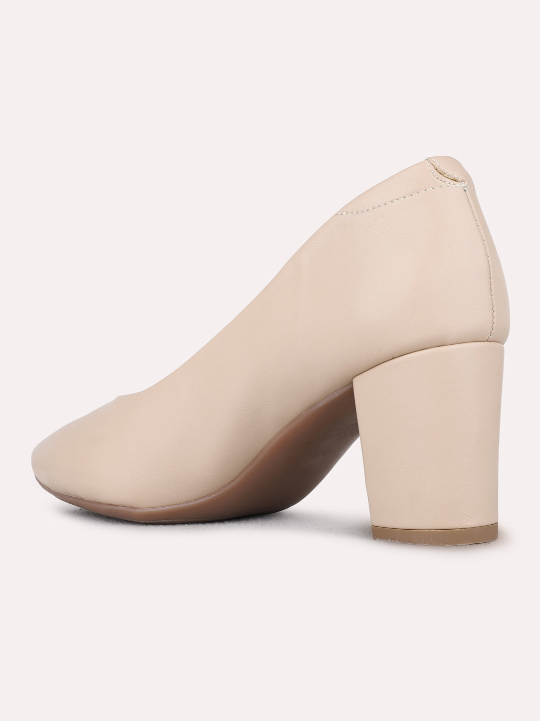 Womens Beige Party Wear Solid Pattern Block Heel Pumps
