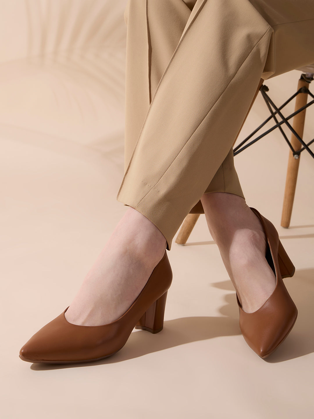 Womens Tan Party Wear Solid Pointed Toe Block Heel Pumps