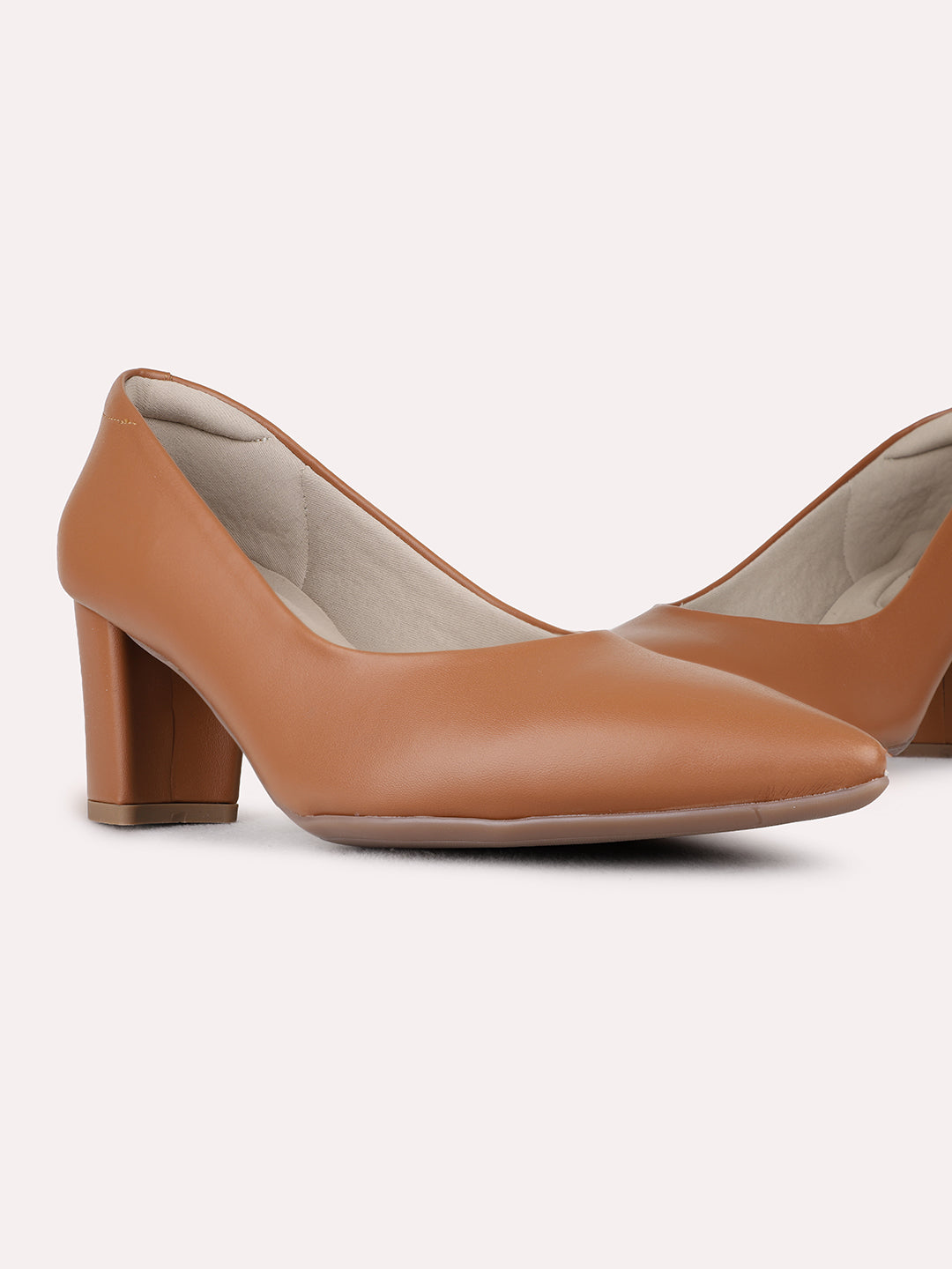 Womens Tan Party Wear Solid Pointed Toe Block Heel Pumps