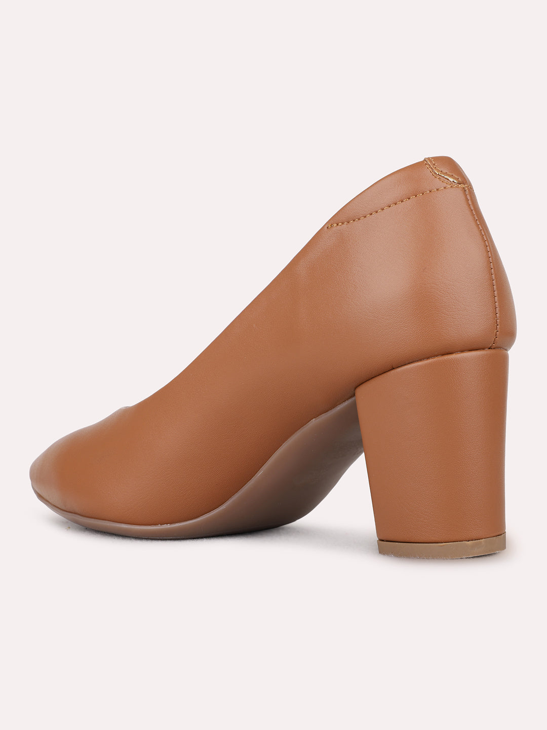Womens Tan Party Wear Solid Pointed Toe Block Heel Pumps