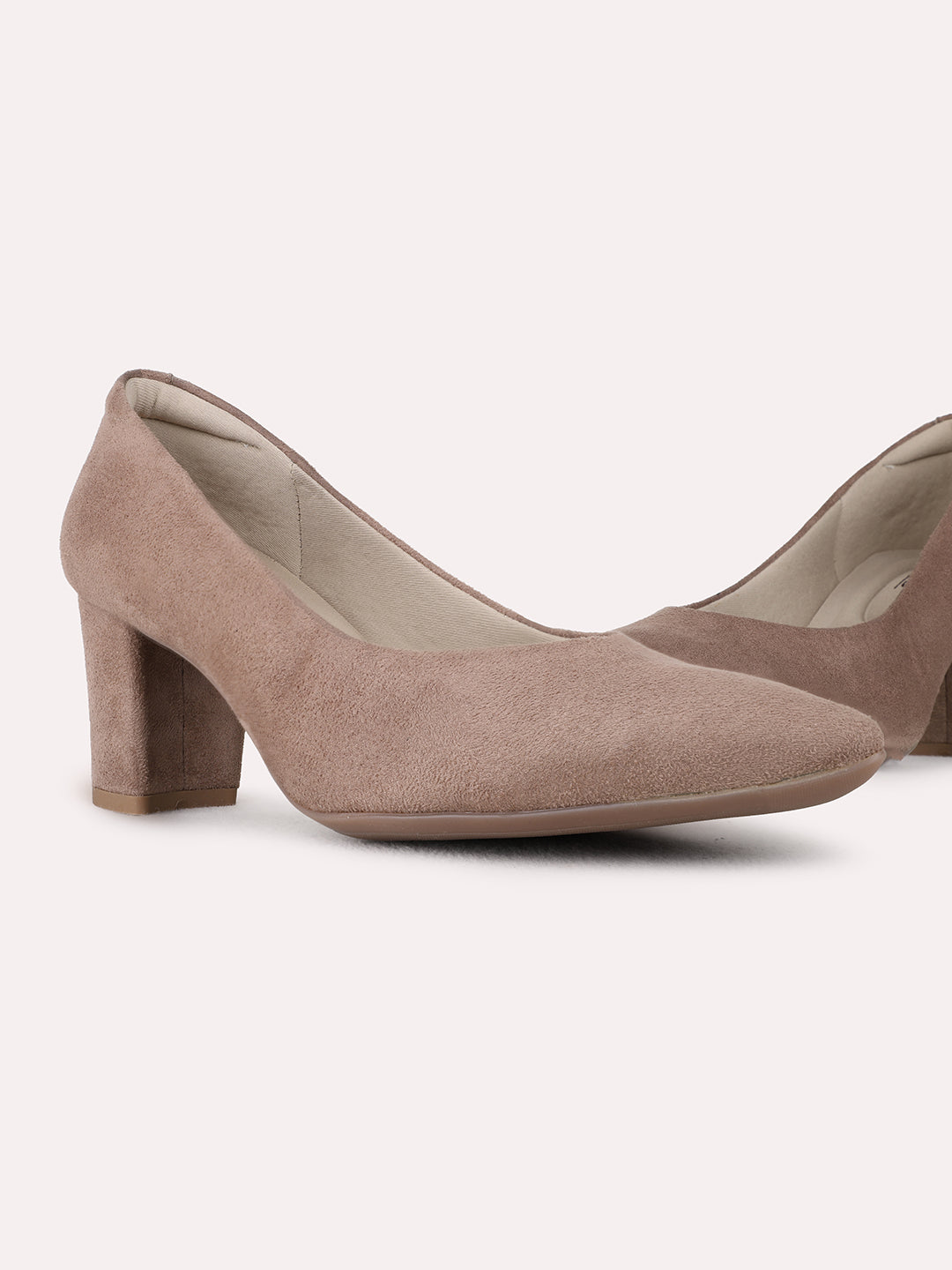 Womens Beige Party Wear Solid Pointed Toe Block Heel Pumps