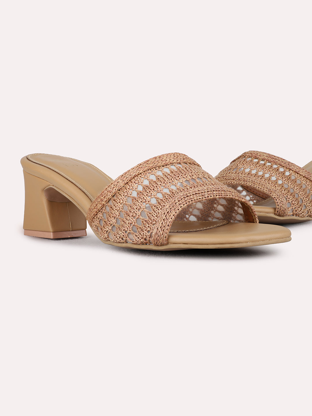 Womens Beige Party Wear Solid Pattern Round Toe Block Heels