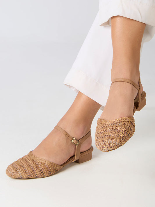Womens Beige Party Wear Solid Round Toe Block Heels