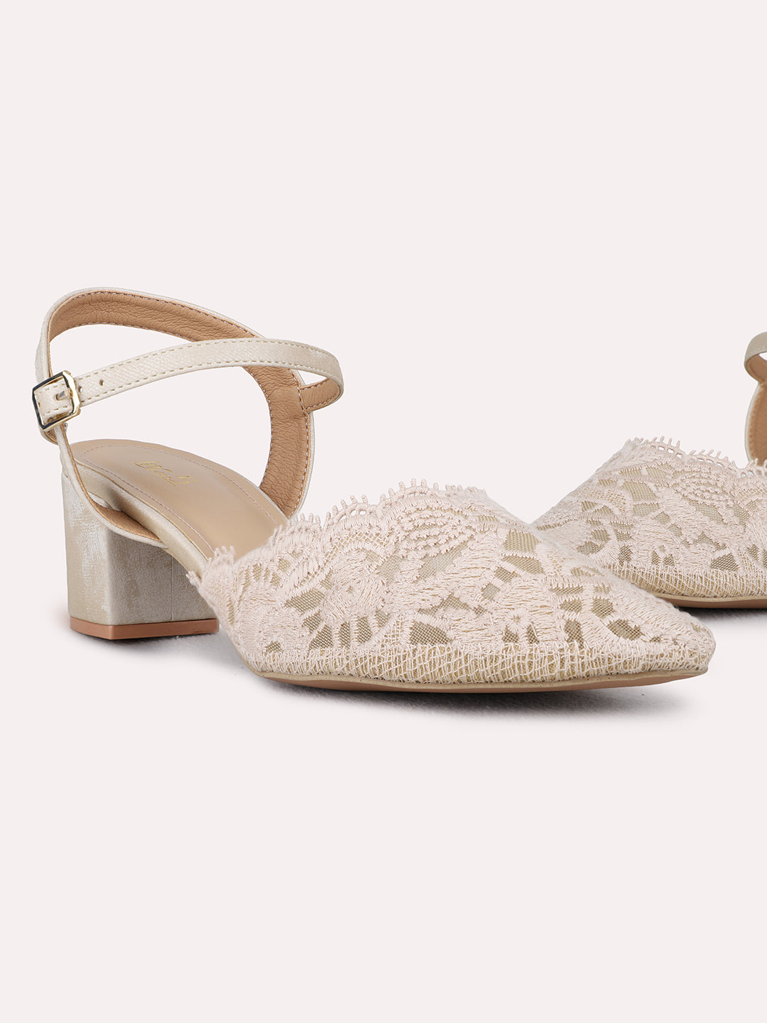 Womens Beige Party Wear Textured Pointed Toe Block Heel Mules