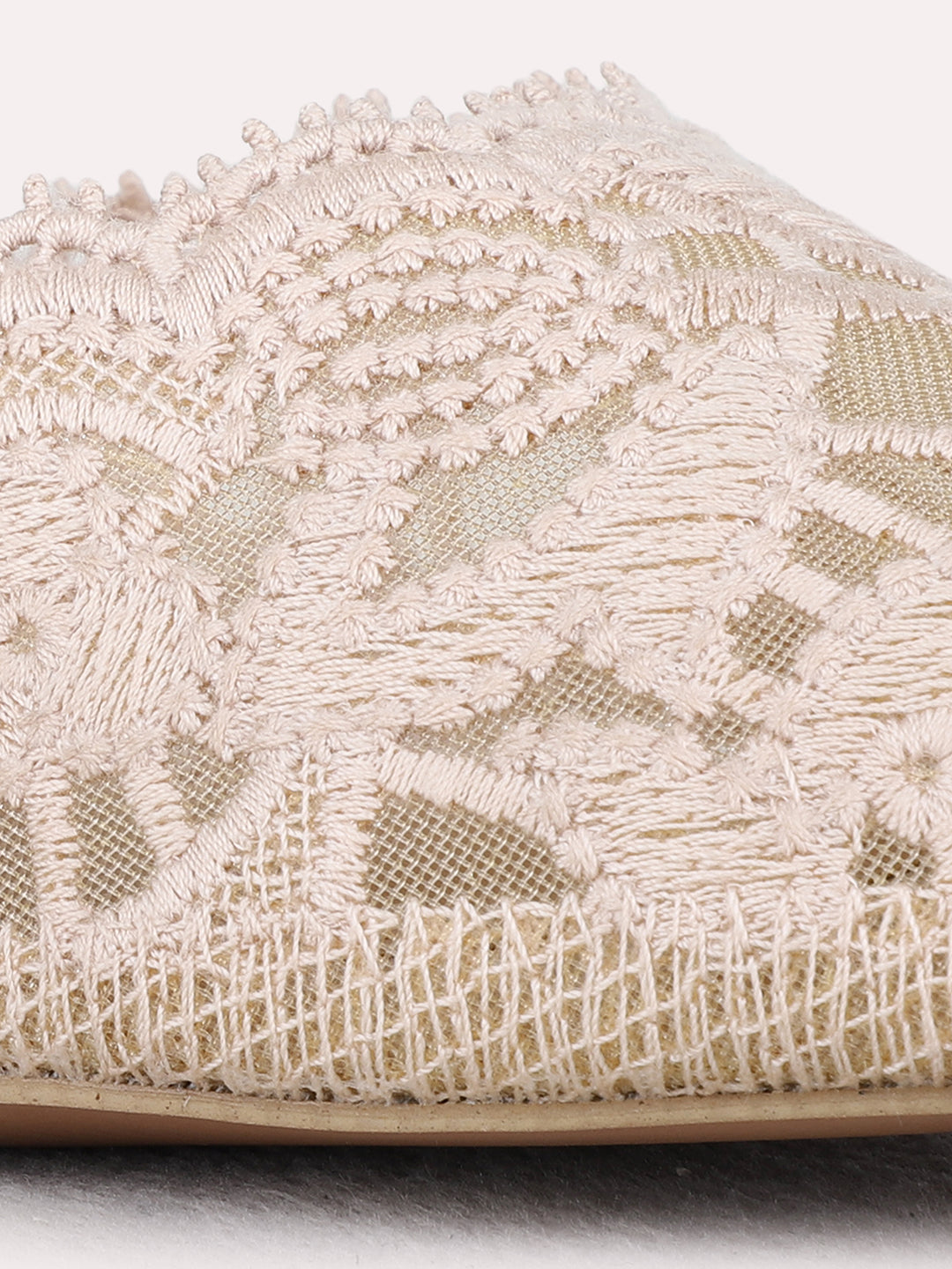 Womens Beige Party Wear Textured Pointed Toe Block Heel Mules