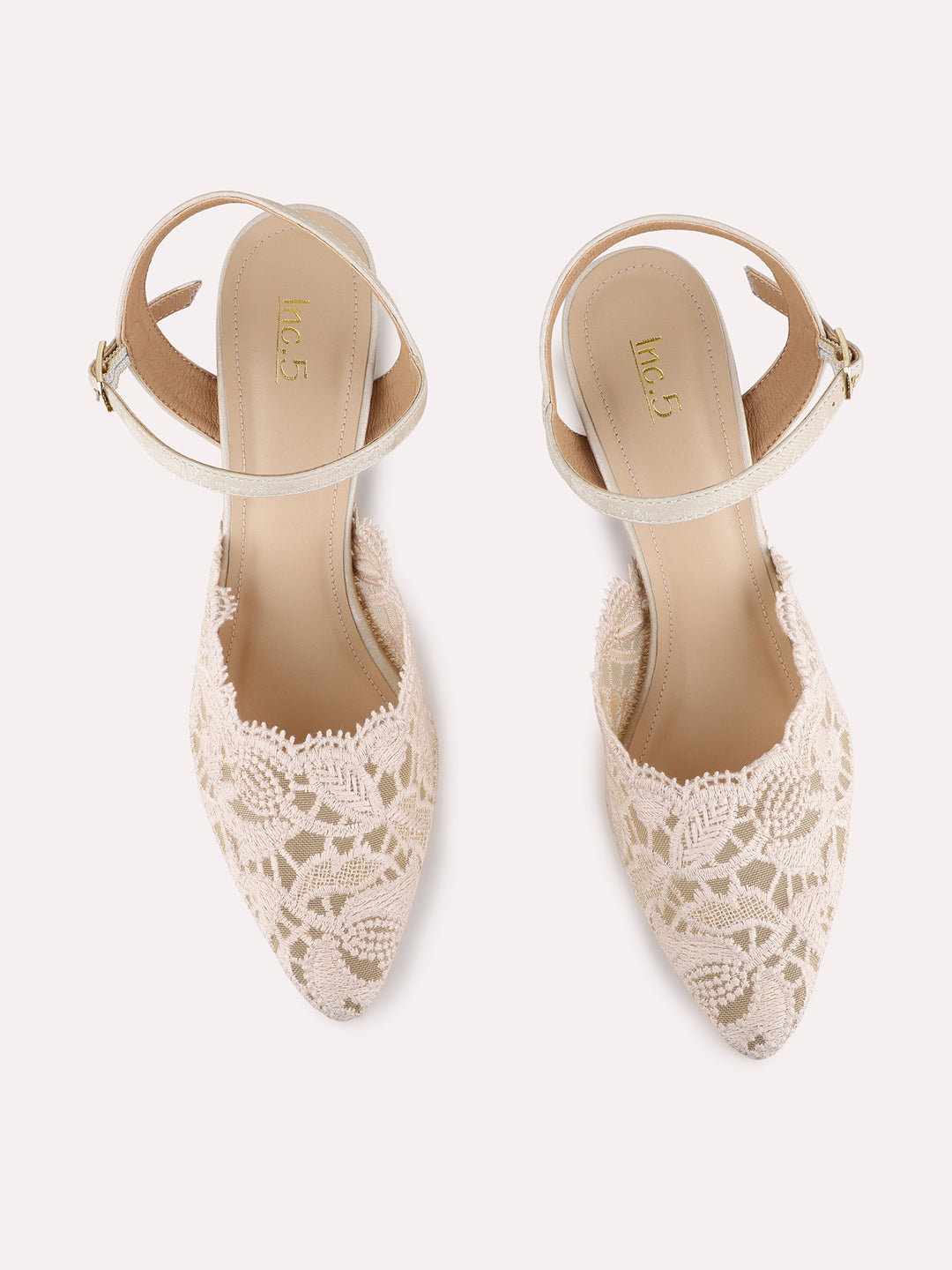 Womens Beige Party Wear Textured Pointed Toe Block Heel Mules