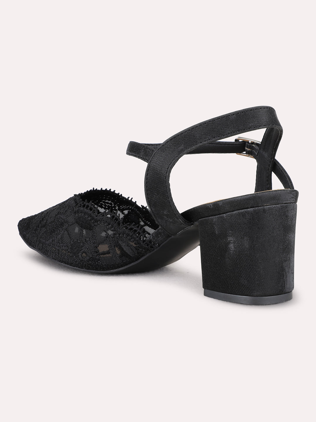 Womens Black Party Wear Textured Pointed Toe Block Heel Mules