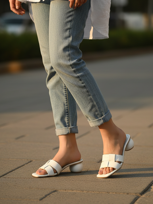 Womens White Party Wear Solid Square Toe Block Heels