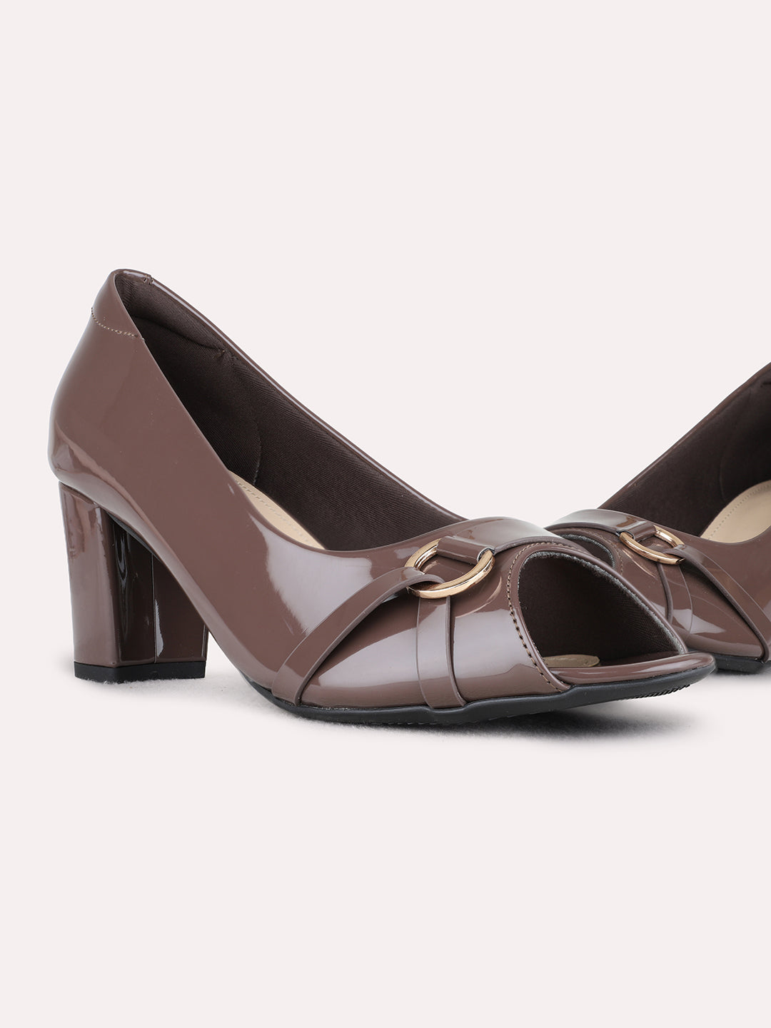 Womens Brown Party Wear Solid Round Toe Shape Block heels Pumps
