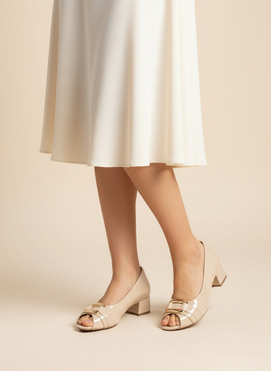 Womens Beige Party Wear Solid Round Toe Block heels Pumps