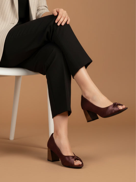Womens Brown Party Wear Solid Round Toe Block heels Pumps