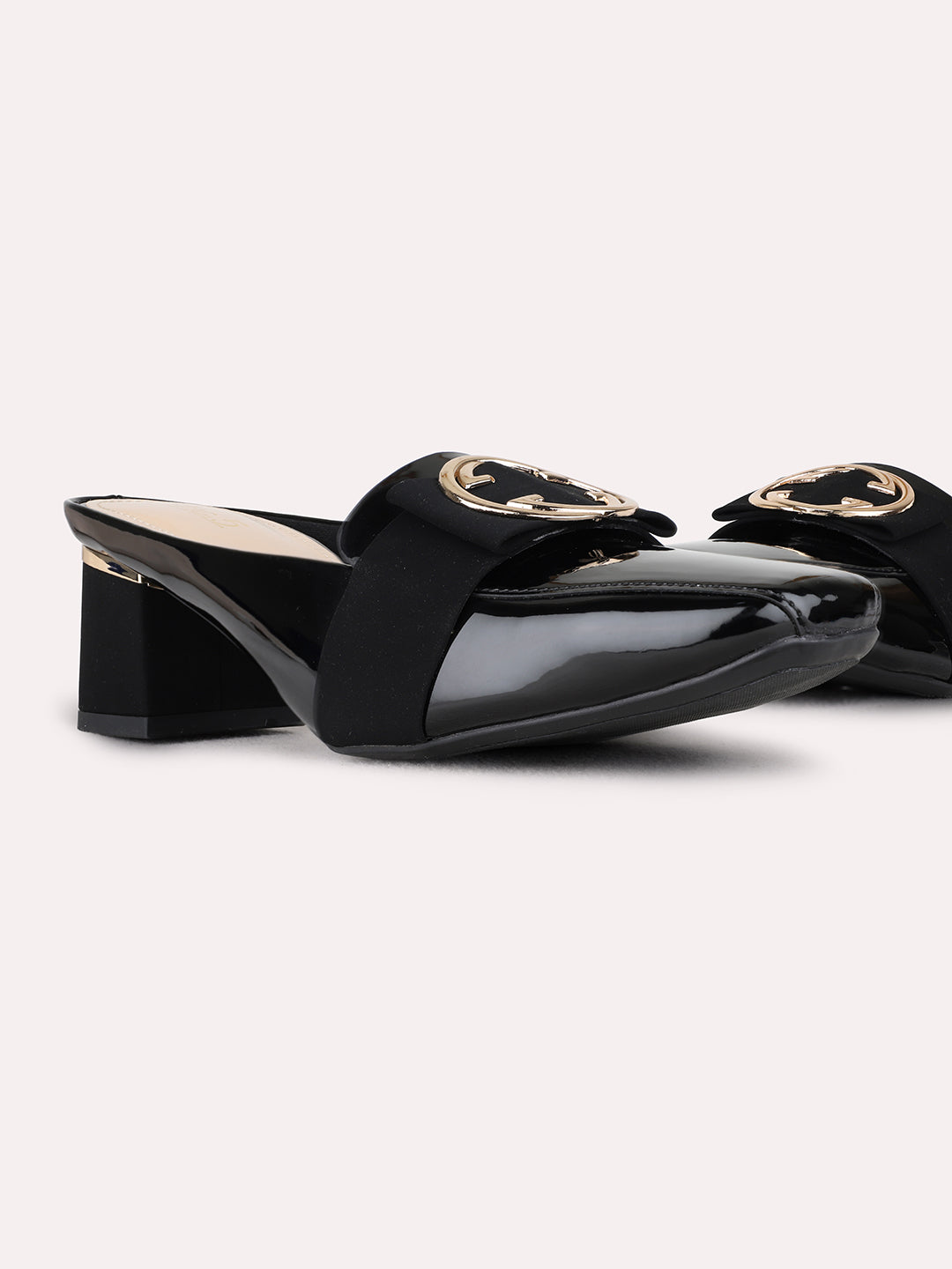 Womens Black Casual Embellished Pointed Toe Block Heels Mules
