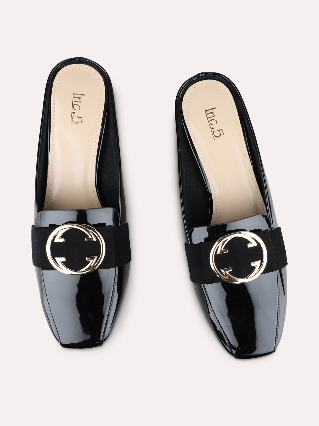 Womens Black Casual Embellished Pointed Toe Block Heels Mules