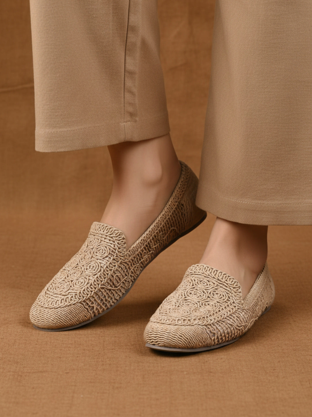 Womens Beige Ethnic Embellished Round Toe Ballerinas