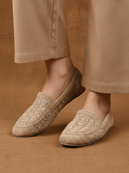 Womens Beige Ethnic Embellished Round Toe Ballerinas