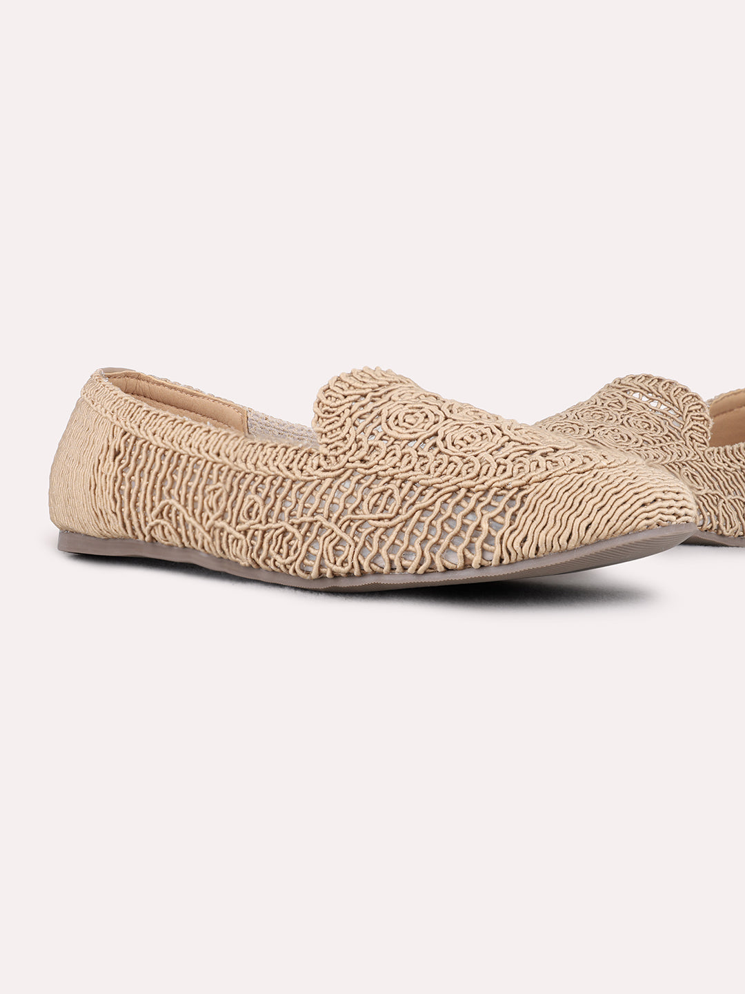 Womens Beige Ethnic Embellished Round Toe Ballerinas