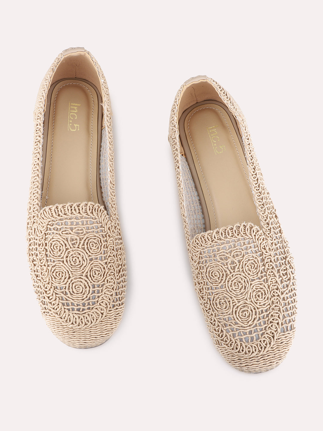 Womens Beige Ethnic Embellished Round Toe Ballerinas