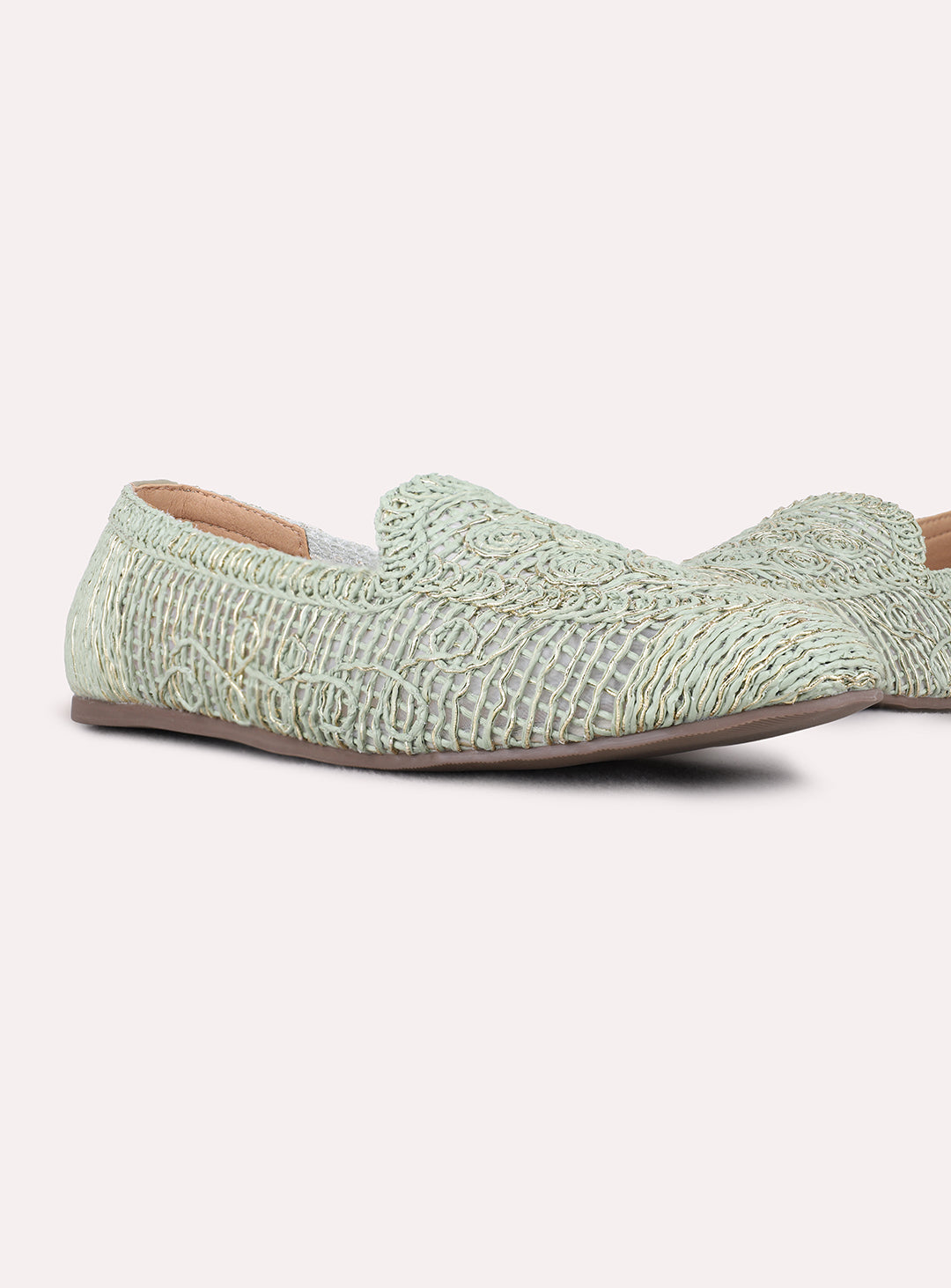 Womens Green Ethnic Embellished Round Toe Ballerinas