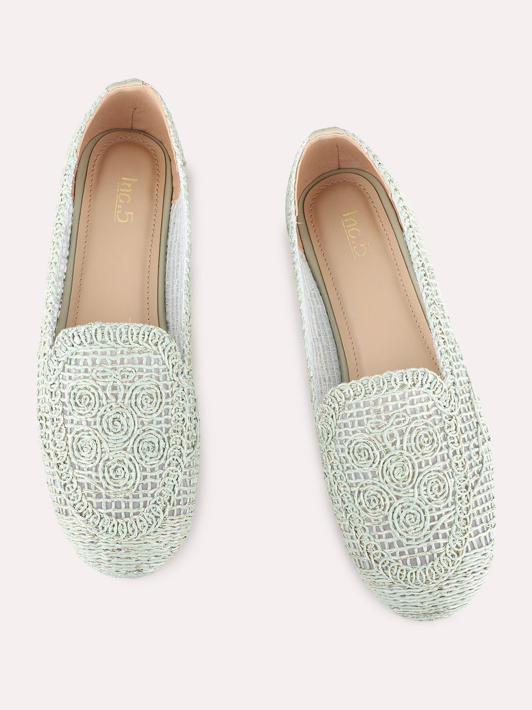 Womens Green Ethnic Embellished Round Toe Ballerinas
