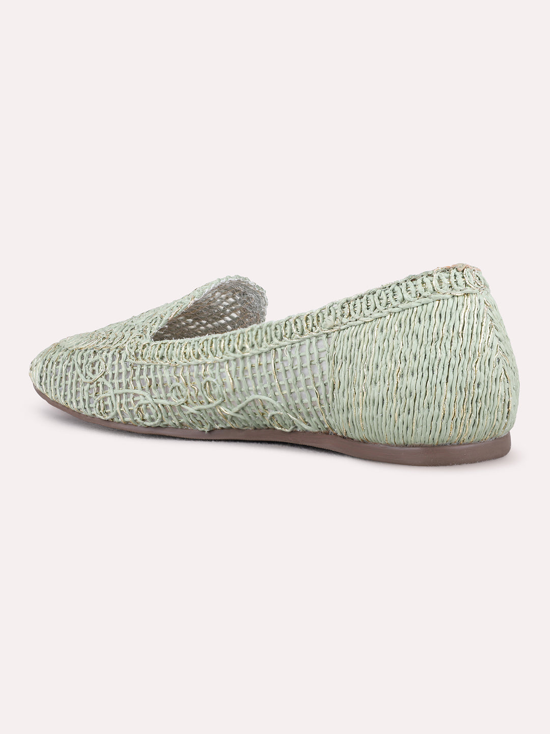 Womens Green Ethnic Embellished Round Toe Ballerinas