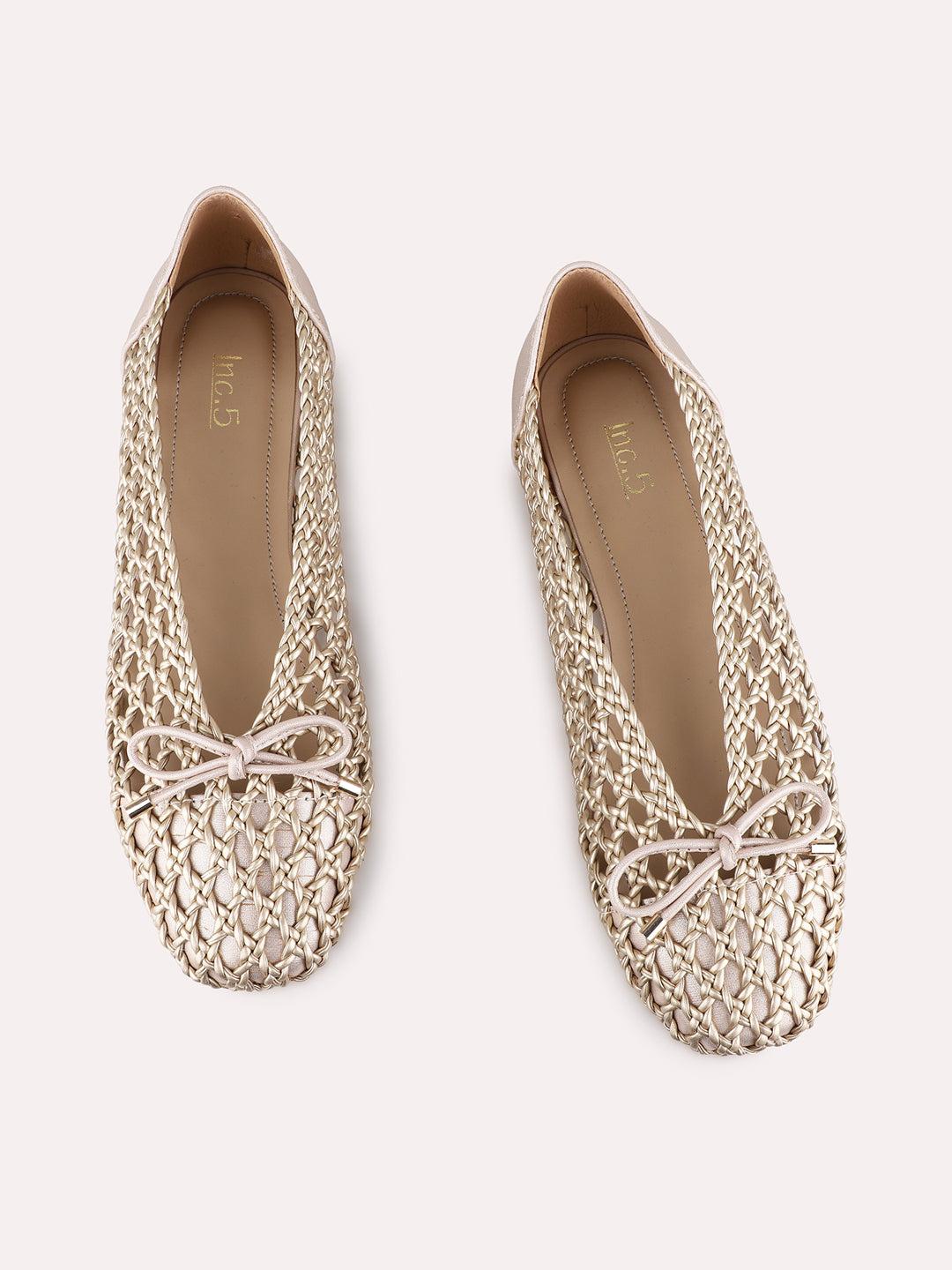 Womens Golden Casual Embellished Round Toe Ballerinas