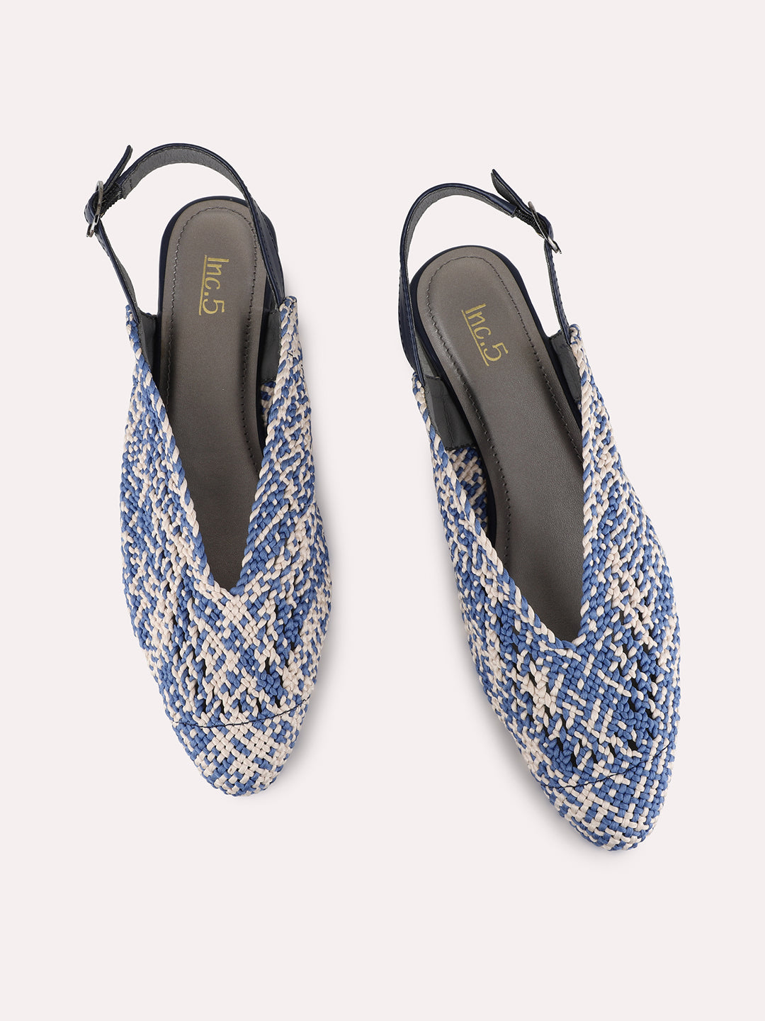 Womens Blue Ethnic Printed Round Toe Flat Mules