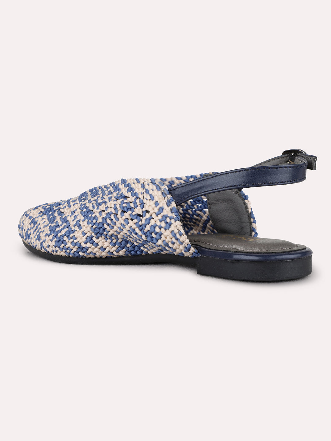 Womens Blue Ethnic Printed Round Toe Flat Mules