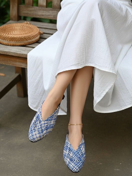 Womens Blue Ethnic Printed Round Toe Flat Mules