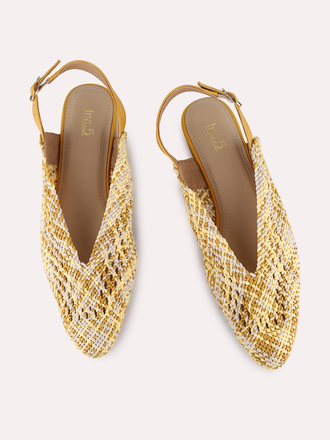 Womens Yellow Ethnic Printed Round Toe Flat Mules