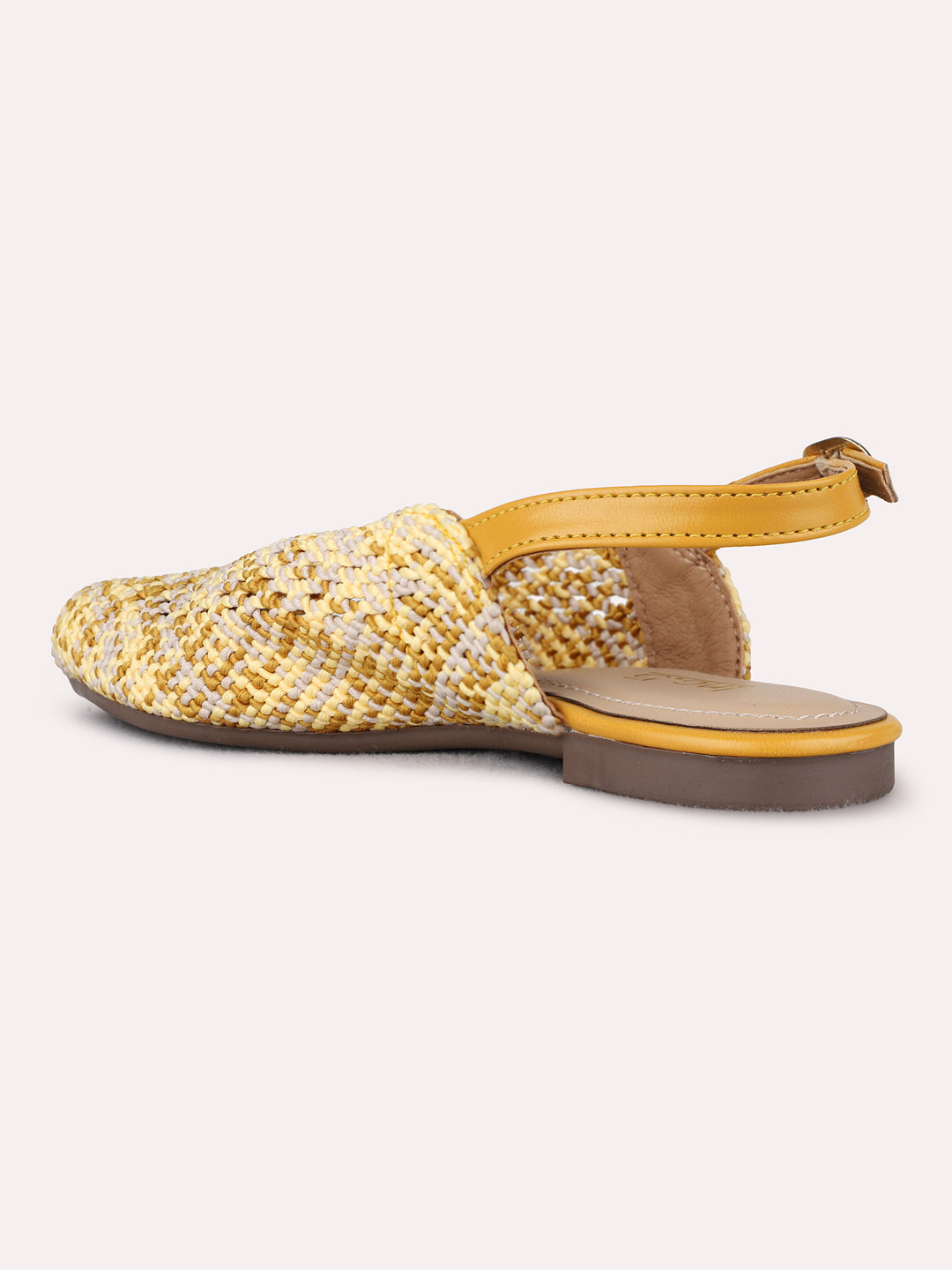 Womens Yellow Ethnic Printed Round Toe Flat Mules